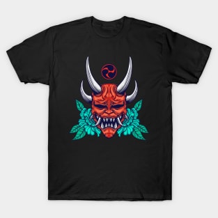 red oni mask with leaves on the back T-Shirt